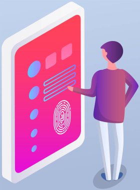 Adam ekranda uygulama arayüzü olan akıllı telefonun yanında duruyor. Mobil uygulamadan bilgi ve verilere bakan kişi. Telefon kullanan erkek karakter, ekranda programları olan dijital elektronik aygıt