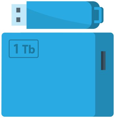 USB kablosu beyaz üzerine izole edilmiş harici sabit disk sürücüsü. Taşınabilir extern HDD. Hafıza sürücüsü çizimi, flash disk. Mobil elektronik cihazlar hakkında bilgi depolayan modern teknolojiler