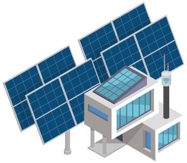Modern akıllı güneş enerjisi santrali teknolojisi izole edildi. Dijital bağlantılı varlık. Fotovoltaik güneş panelleri ve şarj edilebilir li-ion elektrik yedekleme ile enerji santrali enerji deposu