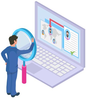 Çevrimiçi dünya. Küresel ağ bağlantısı kavramı. İnternet iletişimi. Uluslararası etkileşim, kablosuz bağlantı. Adam bilgisayarın yanında duruyor, elinde dünya haritası ve farklı yerlerde insanlar var.