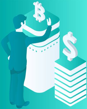 Finansal takasta ticaret performansını analiz eden bir işadamı. İnsan bilgi ve iş verilerini inceler, döviz ve kripto para birimlerinin artan fiyatlarıyla ilgili raporda istatistiklerle çalışır