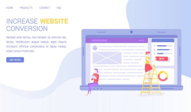 İnternet sitesinde çalışan insanlar. Seo optimizasyonu, çevrimiçi satışlar için web sayfasının dönüşümünü arttır. Arama motoru, bilgisayar ekranı ve alışveriş sayfası şablonu üzerinde çalışan teknisyenler