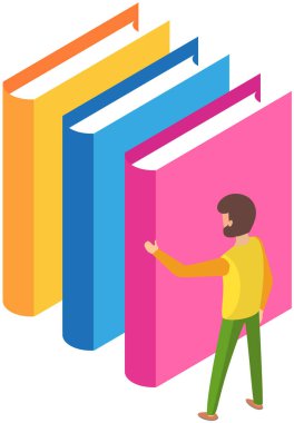 Kütüphane vektör kitaplığında kitap alan öğrenci. Erkek öğrenci okulunda, üniversitede ya da üniversitede okuyor. Kitapçıdaki adam kitaplığın yanında duruyor ve kitapların yığınları beyaza izole edilmiş.