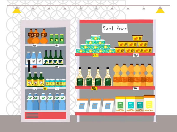 Supermarktmöbel Lebensmittelgeschäft Mit Produkten Den Regalen Shop Mall Für Den — Stockvektor