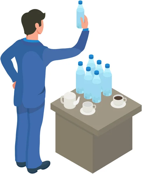Office Break Concept Businessman Holding Bottle Water Standing Table Teapot — Vector de stock