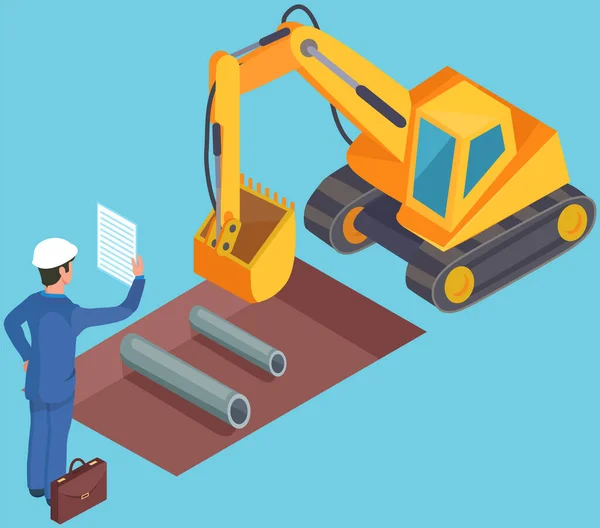 Excavator Digs Hole Pipeline Repair Engineer Head Directs Work Tractor — Stock vektor