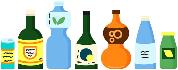 软饮料和酒精饮料瓶子 瓶装饮料 维生素果汁 玻璃杯和塑料容器中的闪光水或天然水 一套酒瓶 不同的酒水在白色背景下隔离 — 图库矢量图片