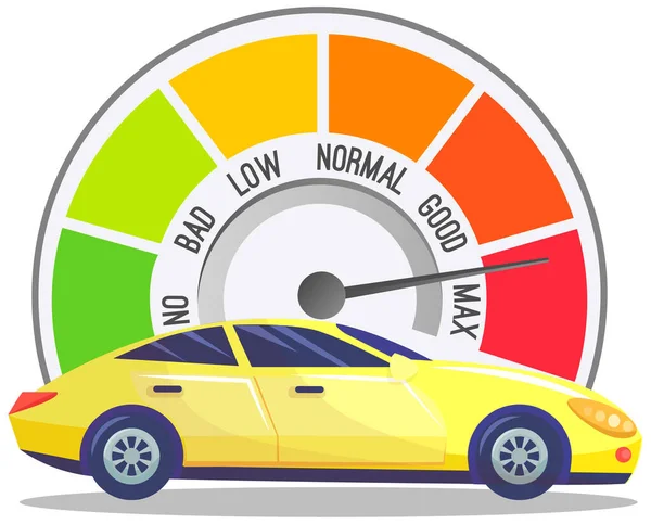 彩色速度计和黄色跑车 带有箭头和在白色上隔离的区段的仪表盘 带刻度和指针的汽车速度计 用于测量速度和公里数 — 图库矢量图片