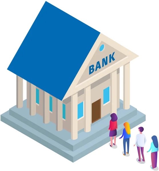 Здание Банка Символами Очереди Деловые Люди Стоят Очереди Деньгами Клиент — стоковый вектор