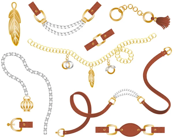 Ensemble Éléments Ceinture Chaîne Tresse Pendentif Maillons Argent Attaches Pour — Image vectorielle