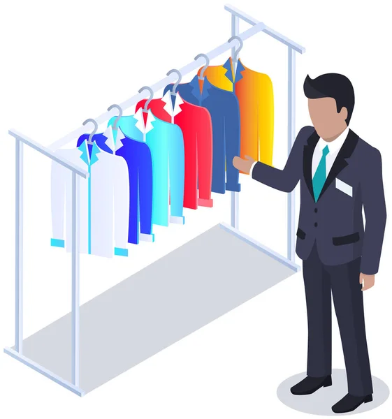 Choosing Clothes Store Shopping Concept Male Buyer Chooses Clothing Dressing — Vetor de Stock