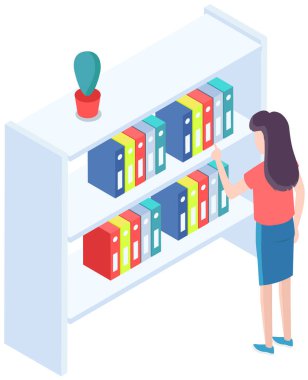Woman secretary near case with documents. Vector business woman or student takes out folder with documents. Office worker take archive files. Young employee standing near office stand with folders
