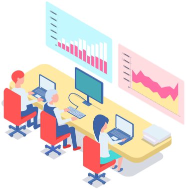 Ofiste iletişim kuran iş adamları istatistikleri tartışıyor, farklı grafik ve grafikleri analiz ediyorlar. Finansal muhasebe konsepti. Organizasyon süreci, analitik, planlama, rapor, pazar analizi