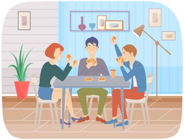 Kız ve erkek kağıt oynuyorlar, heyecanlı arkadaşlar evde oturup eğleniyorlar. Eğlence anlayışı, rahatlama, parti anlayışı. Akşamı birlikte geçirmek. Evde, ailede karantina var.