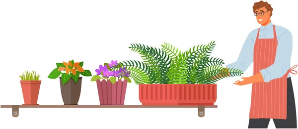植え付け 緑化の概念 家庭栽培の花やハーブ 園芸家 栽培者は植物を植木鉢で世話します 観葉植物と作業する男ベクトルイラスト — ストックベクタ
