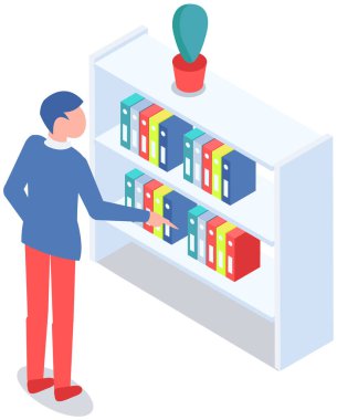 Kütüphane vektör kitaplığında kitap alan öğrenci. Erkek öğrenci okulunda, üniversitede ya da üniversitede okuyor. Kitapçıdaki adam kitaplığın yanında duruyor ve kitapların yığınları beyaza izole edilmiş.