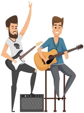 Guitarist sitting with guitar in spotlight hand over strings. Artist performing, making live music. Man plays musical instrument during concert. Male character performs song on electro acoustic guitar
