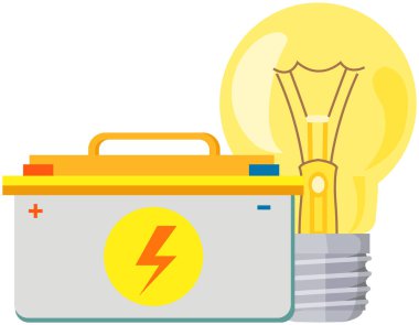 Elektrik LED, akkor lamba ve şarj için pil. Güç ve ışık üretmek için elektrikli cihaz. Batarya yakınındaki ampul, elektrik jeneratörü, biriktirici düz vektör illüstrasyonu