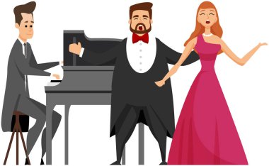 Opera sanatçıları ve müzisyen piyanist sahnede. Konser salonu performansı düz renk vektörü. Güzel şarkıların olduğu bir akşam gösterisi. Zarif klasik müzik sanatçıları. Gala, vokalistlerin konçertosu.