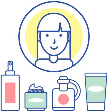 Makyaj, aksesuarlar, krem ve parfüm için kız ikonu ve dekoratif kozmetik ürünleri. Kozmetik ve şişelere yakın bir kadın. Cilt bakımı ve makyaj konsepti. Cilt bakımı ürünleri ile profesyonel güzellik prosedürü