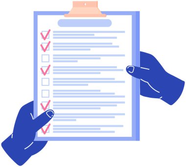 Kağıt kontrol listesi insanların elinde, panoda. Belgede veriler ve mesajlar var. Bilgi ve analizlerle çalışıyorum. Kağıt, belge, kontrol listesi. Sunum tabletine listele