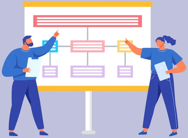 Gente Mirando Diagrama Flujo Dibujado Tableta Diagrama Esquema Proceso Flujo — Vector de stock