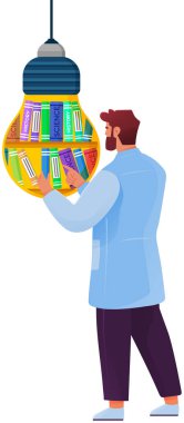 Ofisteki raflardan kitap alan genç erkek doktor ya da öğrenci ya da kütüphane beyazı izole edilmiş. Bilim adamları bilimsel literatürü seçiyor, yeni bilgiler öğreniyor, tıbbi araştırmalar için bilgi alıyor.