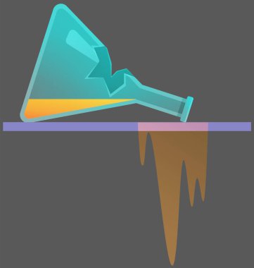 Broken laboratory beaker lies on table with flowing liquid. Test tube icon. Failed experiment in lab. Error creating vaccine. Theme of chemistry, medicine. Explosive chemical reaction, dangerous try