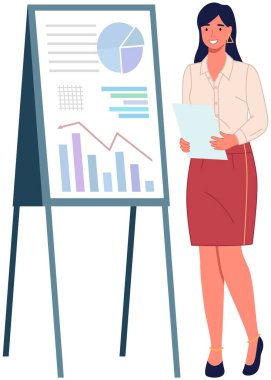 Veri analizi istatistik konsepti. İstatistik, strateji, iş geliştirme ile çalış. Bayan çalışan istatistiksel araştırmaların sonuçlarını sunar. Dijital teknolojilerle çalış