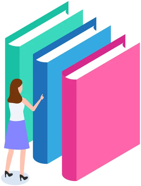 Woman Takes Book Stands Shelf Stack Literature Female Character Reader — Stock Vector