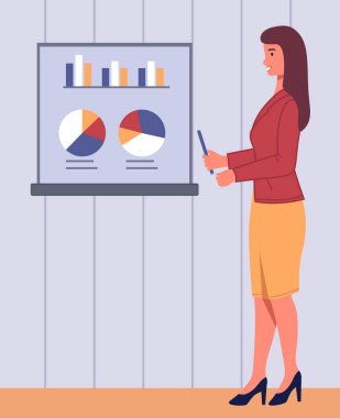 Veri analizi istatistik konsepti. İstatistik, strateji, iş geliştirme ile çalış. Bayan çalışan istatistiksel araştırmaların sonuçlarını sunar. Dijital teknolojilerle çalış
