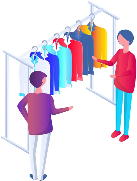 Choosing Clothes Store Consultant Shop Assistant Helps Buyer Choose Product — Vetor de Stock