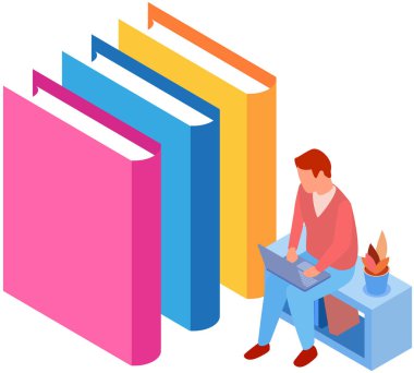 Kütüphane vektör kitaplığında kitap alan öğrenci. Erkek öğrenci okulunda, üniversitede ya da üniversitede okuyor. Kitapçıdaki adam kitaplığın yanında duruyor ve kitapların yığınları beyaza izole edilmiş.