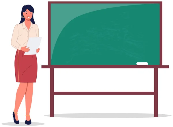 Female Teacher Sheet Paper Stands Blackboard Woman Conducts Lesson Class — Stok Vektör