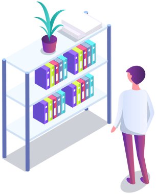 Kütüphane vektör kitaplığında kitap alan öğrenci. Erkek öğrenci okulunda, üniversitede ya da üniversitede okuyor. Kitapçıdaki adam kitaplığın yanında duruyor ve kitapların yığınları beyaza izole edilmiş.