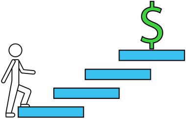 Kişisel gelişim, iş adamının kar etme yolunda ilerlemesi, dolar işaretli etkili gelir. Strateji yönetimi, sermaye, insan liderliği. Basamakları tırmanan adam, para ile başarı.