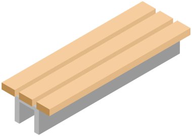 Açık alan vektör illüstrasyonunda ahşap bank uzun koltuk olarak kullanılıyor. Park ya da ofisteki oturma yeri beyaz sarı oturma yeri ve buluşma yeri, dinlenmek için. Bahçe mobilyaları