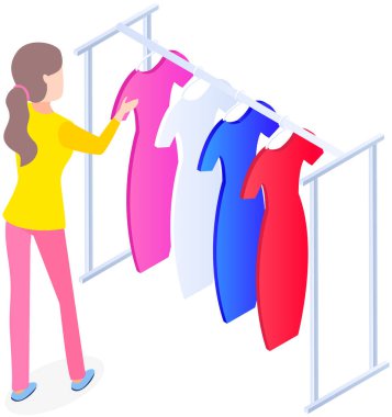 Choosing clothes in store, shopping concept. Female buyer chooses clothing in dressing room. Customer with dress hanging on hanger in mall. Woman shopper stands in fitting room of store or boutique