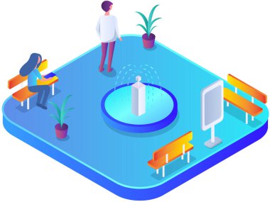 Reception, meeting, open space, job interview concept. Place to relax in shopping mall with benches and fountain. Workflow in office or modern business center. Employees during break at workplace