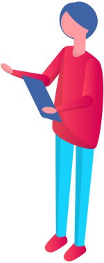 Man holding smartphone in his hands, person stands at full height alone. People and gadgets. Communication in social networks. Manager with phone in cartoon style, device for calls and conversation