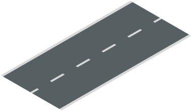Isometric piece of asphalt road with markings. Autobahn, vector gray pavement isolated on white. For travel or transport theme, lasting way, auto traffic for passage of vehicles and movement of cars