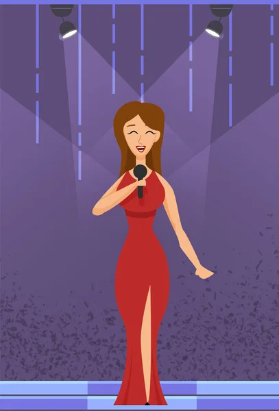 Junges Schönes Mädchen Singt Lied Ins Mikrofon Stehend Rotem Kleid — Stockvektor