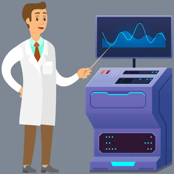 Male Character Working Project Scientific Lab Equipment Man Searching Information — Vector de stock