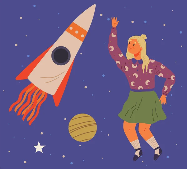 Astronaut Woman Jet Backpack Flying Planets Rockets Lady Dressed Spaceman — Image vectorielle