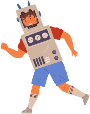 Cute boy wearing cardboard battle bot suit at costume party. Cosplay male child in entertainment robotic costume vector illustration. Creative guy in self made outfit playing space alien robot