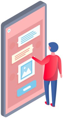 Man chatting messaging using chat app or social network on mobile phone. Modern communication. Cellphone conversation person sending messages. Male character presses buttons on smartphone screen