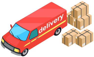 Cargo truck loading parcel package boxes or delivery van vehicle isolated on white, industrial automobile, car with freight, idea of postal logistics or warehouse courier, commercial transport