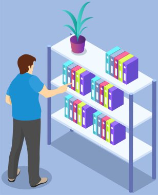 Kütüphane vektör kitaplığında kitap alan öğrenci. Erkek öğrenci okulunda, üniversitede ya da üniversitede okuyor. Kitapçıdaki adam kitaplığın yanında duruyor ve kitapların yığınları beyaza izole edilmiş.