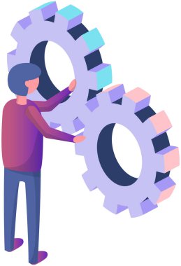 Man in near gears as symbol of project setup. Business processes, launching new project, workflow. Sarch for solution, idea development concept. Guy working with maintenance or business launch
