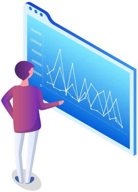 Analitik bilgi ve geliştirme istatistikleri. Web analiz ölçümü, ürün test teknolojisi. Adam gösterge panelinin optimizasyonunu, dijital raporunu analiz ediyor. Diyagramda istatistiksel göstergeler ve veriler